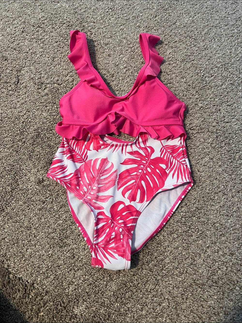 SHEIN Hot Pink Ruffle One-Piece Swimsuit with Tropical Leaf Print